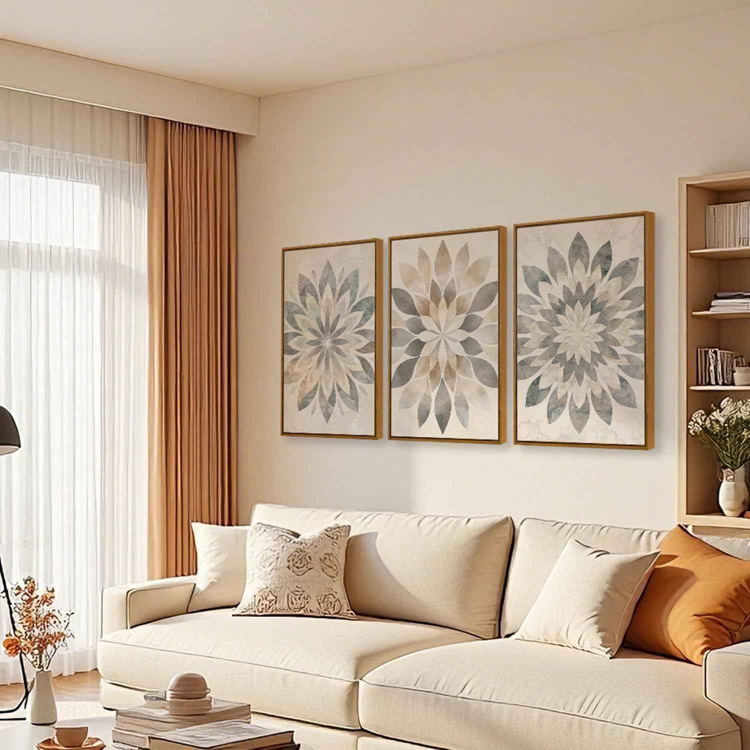 QTUSYUR Boho Mandala Wall Art - Large Farmed Neutral Minimalist Art Print - Farmhouse Floral Canvas Artwork for Bedroom and Living Room- Modern Elegant Flower Wall Pictures for Home Decor 16”×24”×3