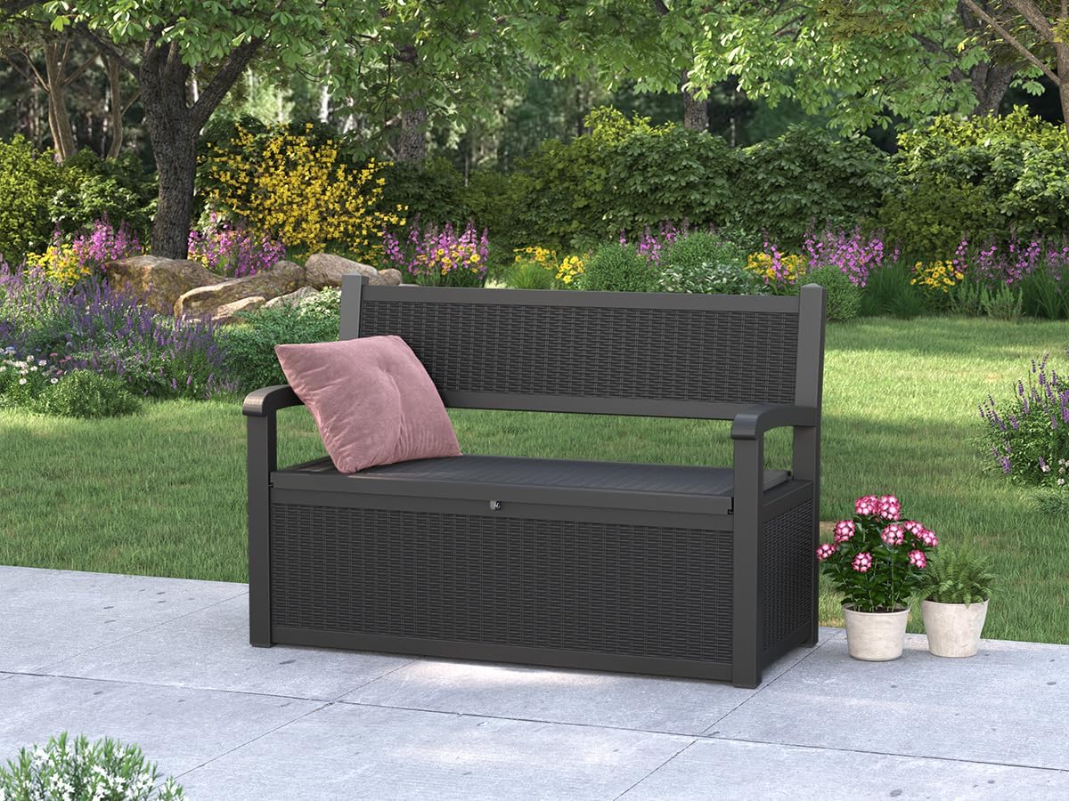 70 Gallon Deck Bench with Storage,Outdoor Storage Box Bench Waterproof&Lockable, Resin Patio Furniture with Armrest for Patio, Porch, Garden,Black