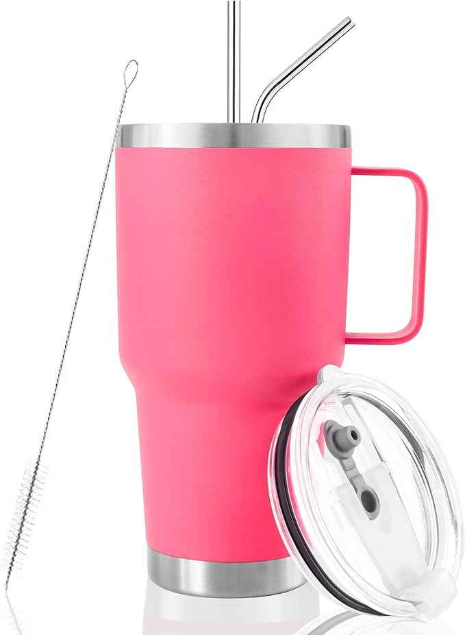 30 oz Tumbler With Handle, Double Wall Stainless Steel Vacuum Insulated Travel Mug with Splash-Proof Lid Metal Straw and Brush (Bright Pink)