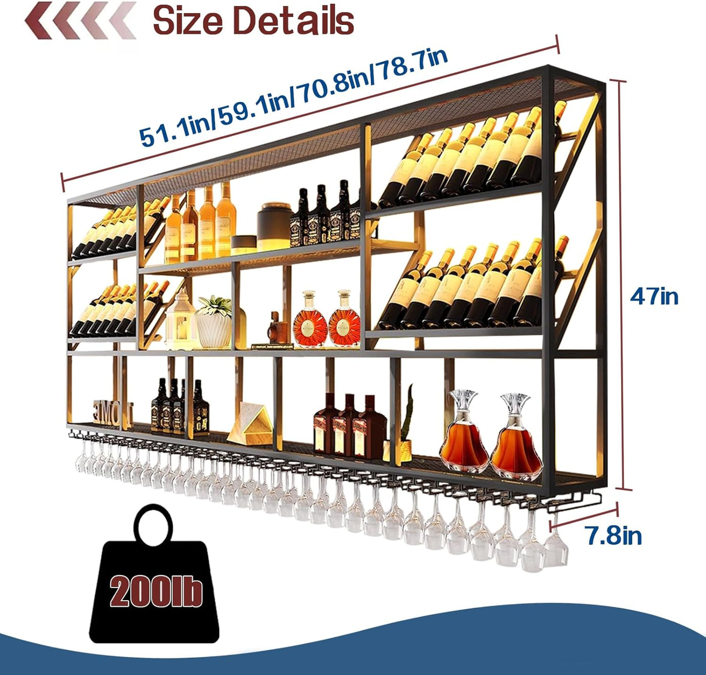 59Inch Wall Mounted Wine Rack, 3 Tiers Large Bar Shelves with 14 Glass Holder, Metal Wine Bottle Display Shelf, Modern Iron Liquor Shelf, for Kitchen Dining, Home Bar, Cellar (59.1" W)