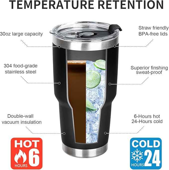30 oz Tumbler with Lids and Straws Double Wall Vacuum Insulated Tumbler Cup,Stainless Steel Leak-proof Thermal Tumbler Powder Coated Travel Coffee Mug for Cold and Hot Drinks,Black