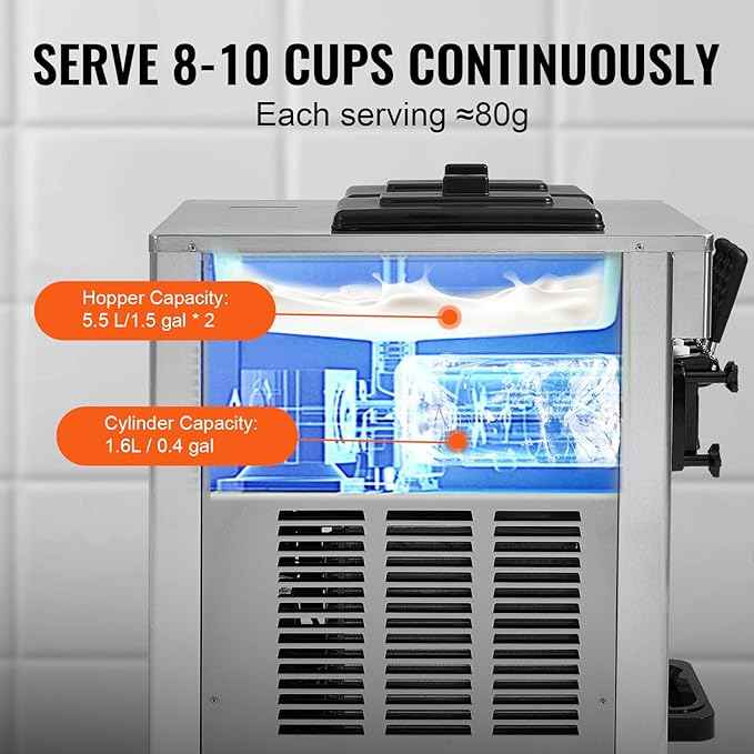 VEVOR Commercial Ice Cream Machine, 18-28 L/H Yield, 1850W 3-Flavor Countertop Soft Serve Ice Cream Maker, 2 x 5.5L Stainless Steel Cylinder, LED Panel Auto Clean Pre-cooling, for Restaurant Bars