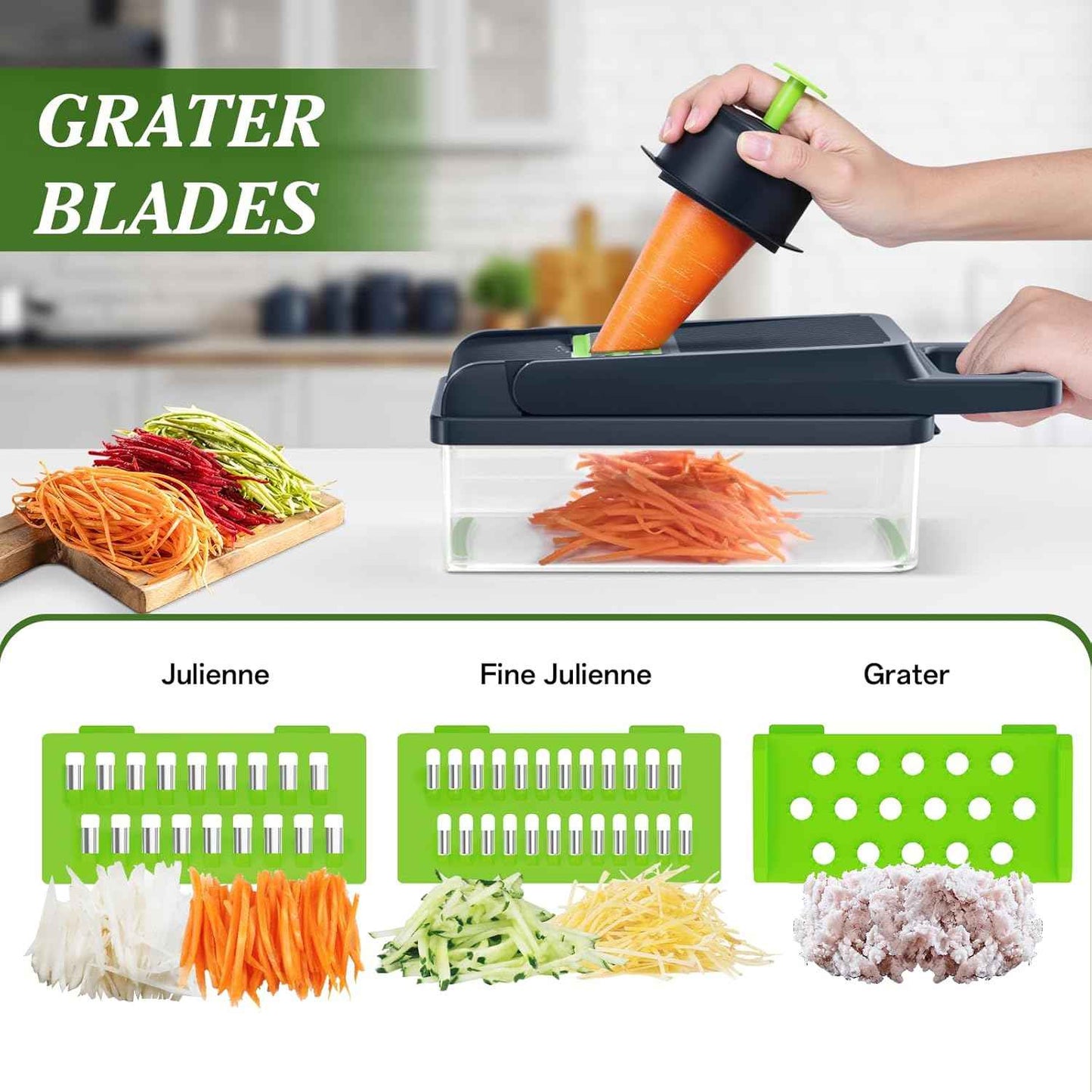 HomeHacks Vegetable Chopper Vegetable Cutter, 12 in 1 Kitchen Gadget, Dicer, Slicer, Onion Cutter, Salad, Cheese Grater & Egg Separator - Multi-Functional Veggie Chopper Lid with Handle (Green)
