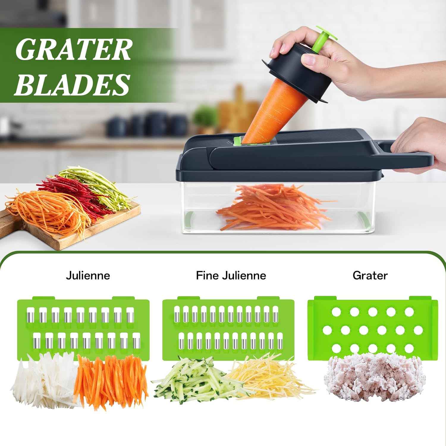 HomeHacks Vegetable Chopper Vegetable Cutter, 12 in 1 Kitchen Gadget, Dicer, Slicer, Onion Cutter, Salad, Cheese Grater & Egg Separator - Multi-Functional Veggie Chopper Lid with Handle (Green)