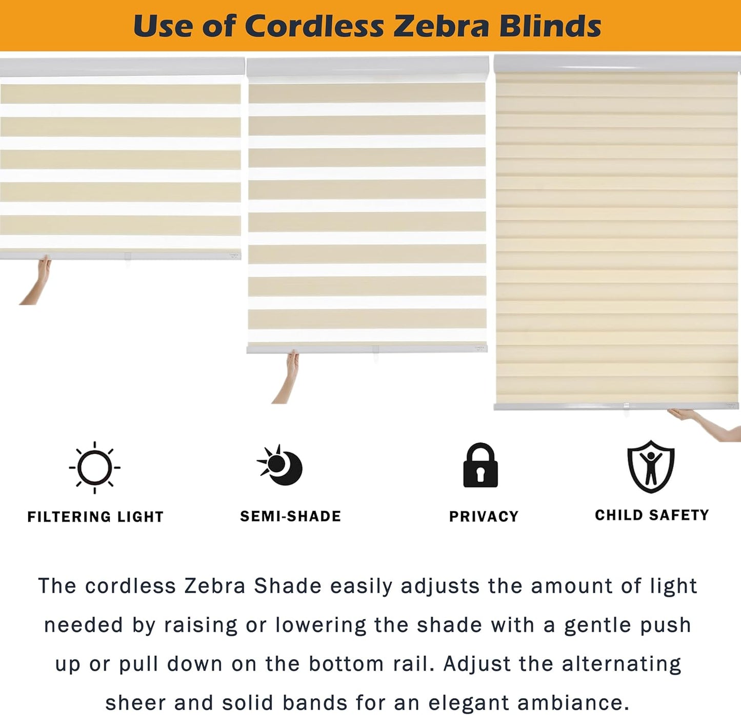 Cordless Zebra Blinds for Indoor Windows Free-Stop Zebra Shades Dual Layer Light Filtering Sheer Shades Roller Window Blinds for Home (27" W X 72" H, Cream)