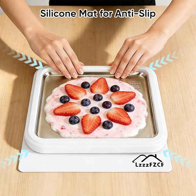 Rolled Ice Cream Maker - 304 Stainless Steel Cool Plate with 2 Spatulas and Lid, Instant DIY Ice Cream Roller Tray for Family Fun (White)