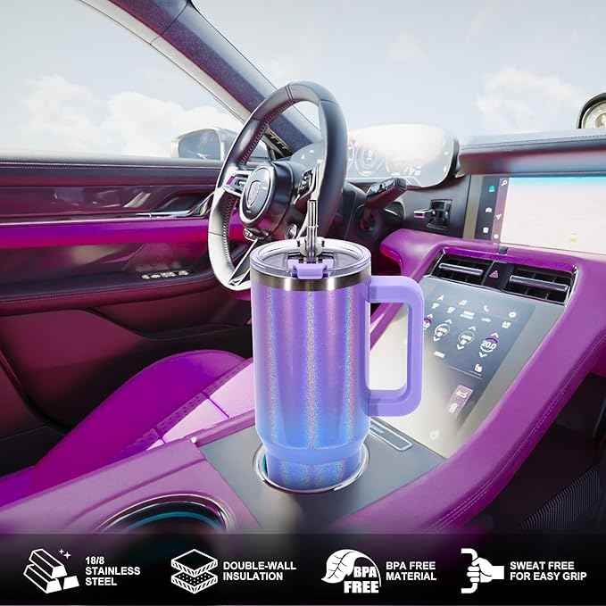 40 oz Shiny Tumbler with Handle and Straw,Stainless Steel Tumbler with Lid and Straw,Insulated Travel Mug(Cold for 34 Hours),Water Bottle for Iced Tea,Coffee (Purple)