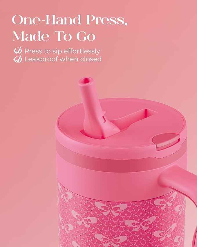 40 oz Insulated Tumbler with Handle and Push-Button Straw Lid, Stainless Steel Travel Cup for Gym Office, Leakproof, BPA-Free, Cup Holder Friendly, Bow Silicone Boot, Pink (Coquette Fuchsia)