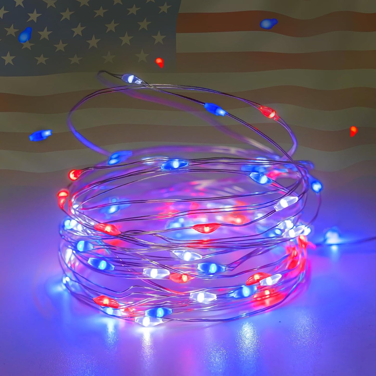 4th of July Decorations, 4-Pack Red White and Blue Fairy Lights Battery Operated with Timer, Waterproof 16FT 50 LED Starry String Lights Indoor Outdoor for Independence Day Memorial Day DIY Home Decor