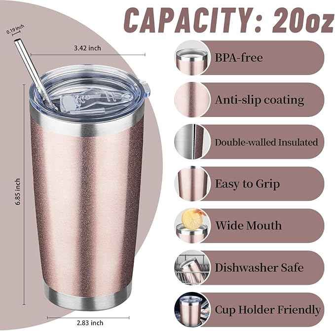 20 oz Tumbler with Lids and Straws, Stainless Steel Insulated Travel Coffee Mug, Double Wall Vacuum Insulated Tumblers, Powder Coated Coffee Tumbler for Cold & Hot Drinks (Rose Gold,4pack)