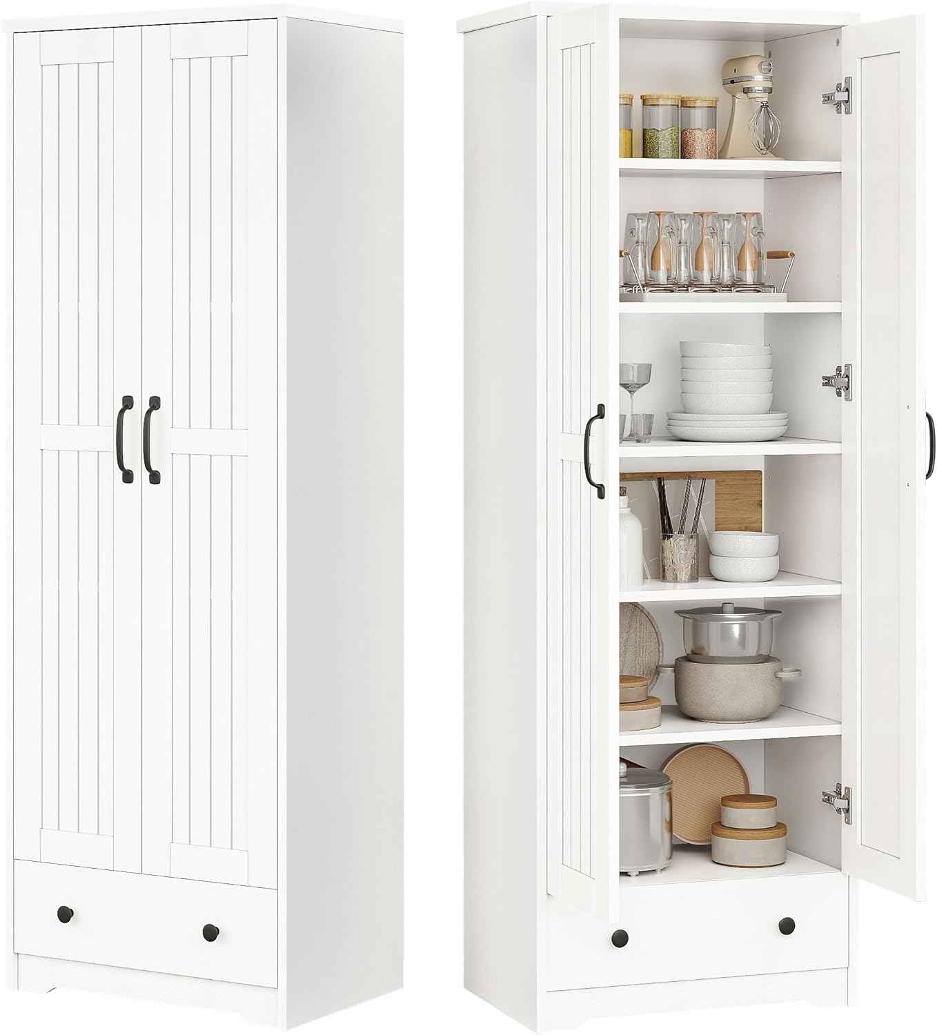 Decofy 70" Tall Storage Cabinets, Large Wood Storage Pantry Cabinet with 6 Adjustable Shelves, 2 Striped Doors & Drawer, Standing Utility Cabinet for Kitchen, Bathroom, Dining Room, Antique (White)