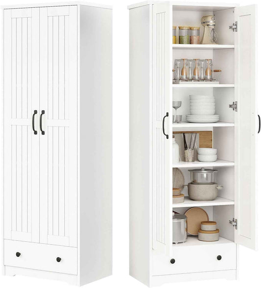 Decofy 70" Tall Storage Cabinets, Large Wood Storage Pantry Cabinet with 6 Adjustable Shelves, 2 Striped Doors & Drawer, Standing Utility Cabinet for Kitchen, Bathroom, Dining Room, Antique (White)