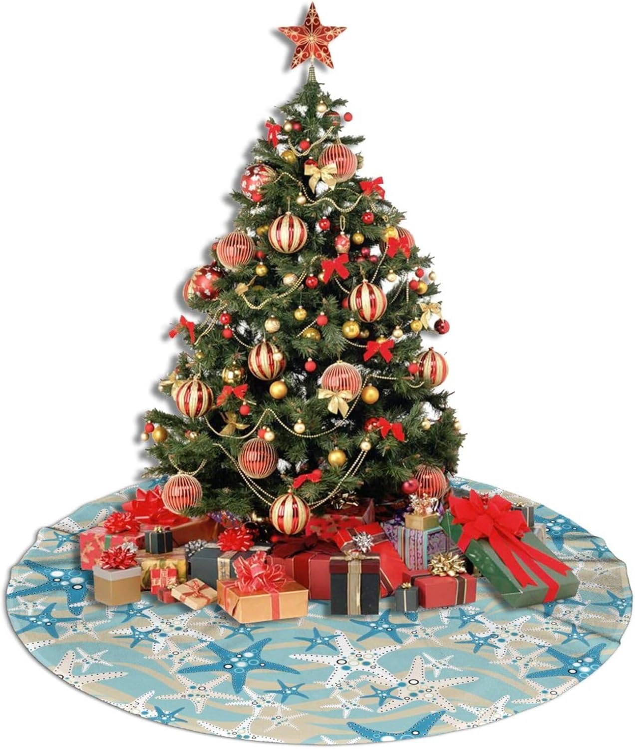 Christmas Tree Skirt,Beach Starfish Xmas Tree Skirt Rustic Farmhouse Tree Skirt for Christmas Decor Xmas Holiday Home Party Decorations48