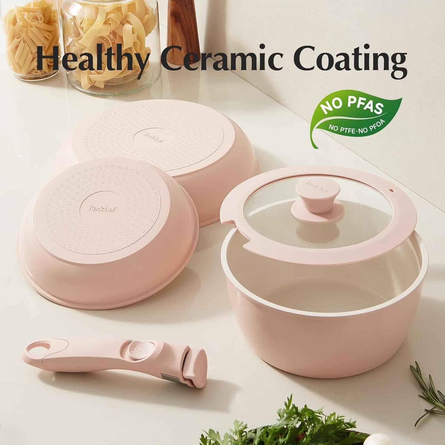 Ceramic Pots and Pans Set Non Stick, Nonstick Kitchen Cookware Sets, Non Toxic Pots and Pans Set Non Stick, PFAS PFOA & PTFE Free, Detachable Handle Pots and Pans 6 Piece, RV Cookware (Pink)