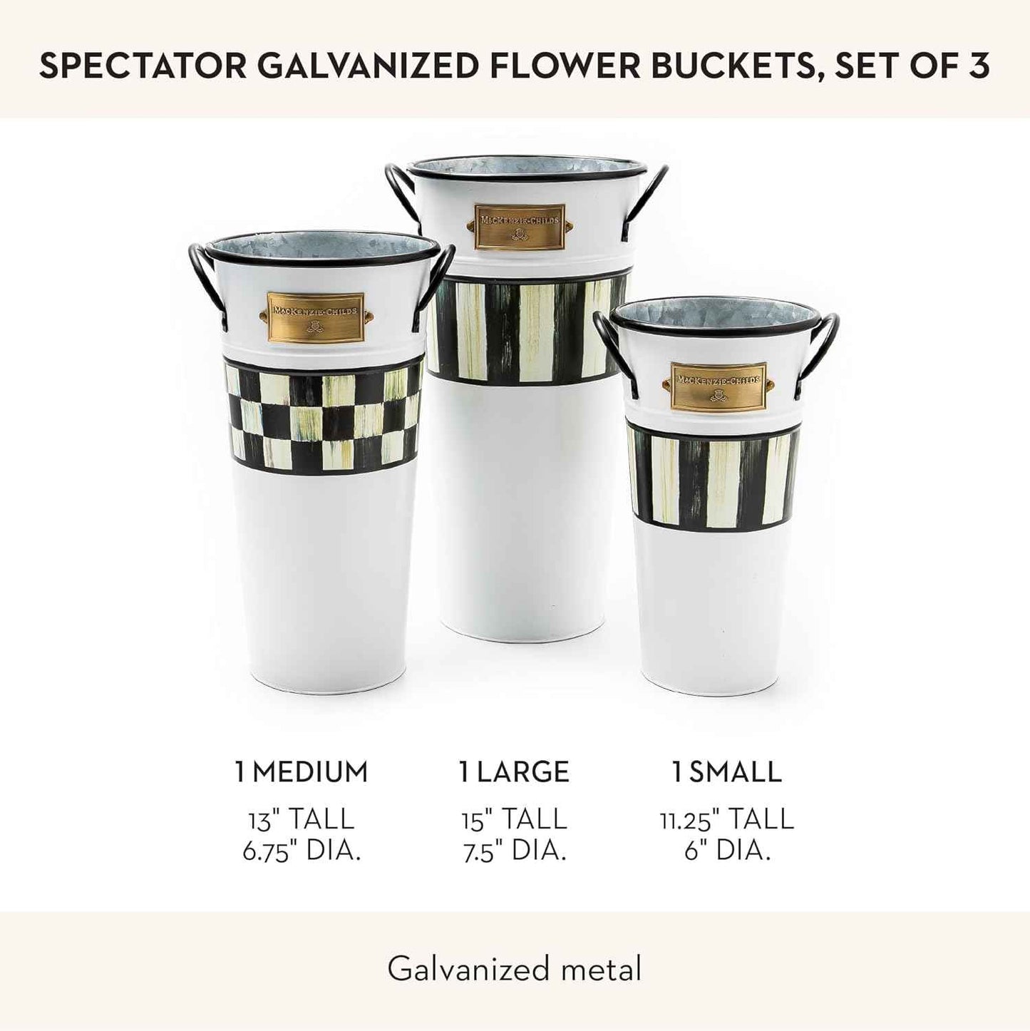 MACKENZIE-CHILDS Galvanized Flower Buckets, Decorative Metal Buckets, Spectator, Set of 3