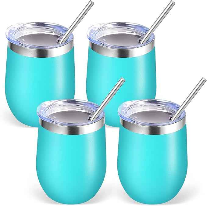 Volhoply 12oz Stainless Steel Wine Tumbler with Lid Bulk 4 Pack,Double Wall Vacuum Stemless Wine Glasses,Reusable Metal Travel Coffe Mug with Straw,Insulated Cup Gifts for Women,Christmas（Green,4 Set）