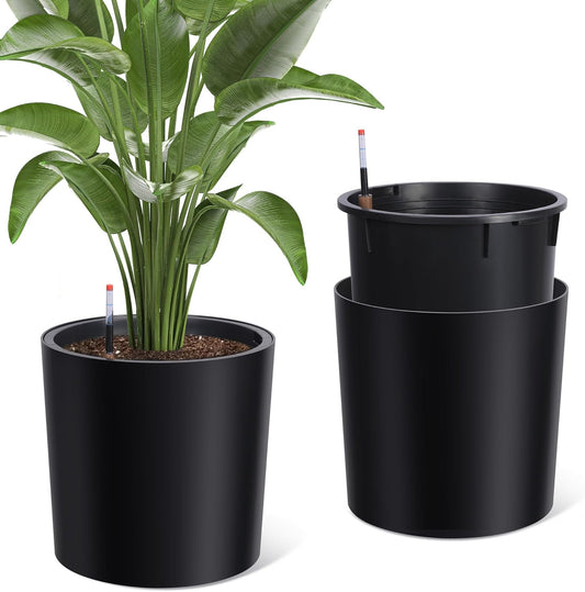 Tall Round Planter Set of 2, 20" Large Planter Pots with Built-in Drainage and a Water Level Monitor and Wheels for Patio, Porch, Living Room, or Home Office