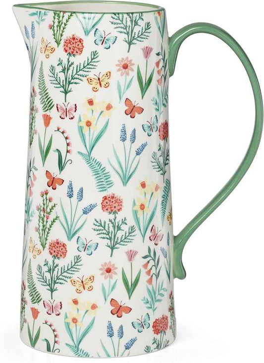 Oneida Home And Kitchen, First Blooms Pitcher, Stoneware Material, Water Jug, Dishwasher Safe, Water Pitcher, Decorative Pitchers, Butterfly & Flowers Design(Multi-Colored, 1 Piece, 50 Ounce Capacity)