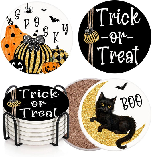 Coaster for Drinks Set of 6, Halloween Boo Black Cat Trick or Treat Spooky Pumpkin Bat Absorbent Round Ceramic Stone Mat, with Cork Base and Metal Holder, Gift for Housewarming Room Bar Decor