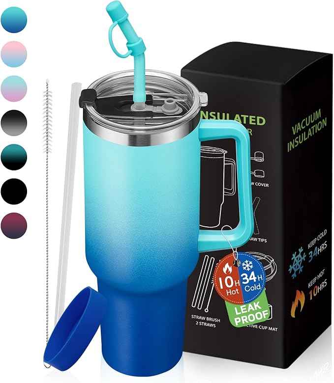 BENZZO 40 oz Tumbler with Handle Straw and 2-in-1 Lid Made of Metal Travel Mug for Easy Grip & Spill Proof, Pop-off Prevention Insulated Cup Gifts for Women, Double Seamless Inner Wall Vacuum Tumbler