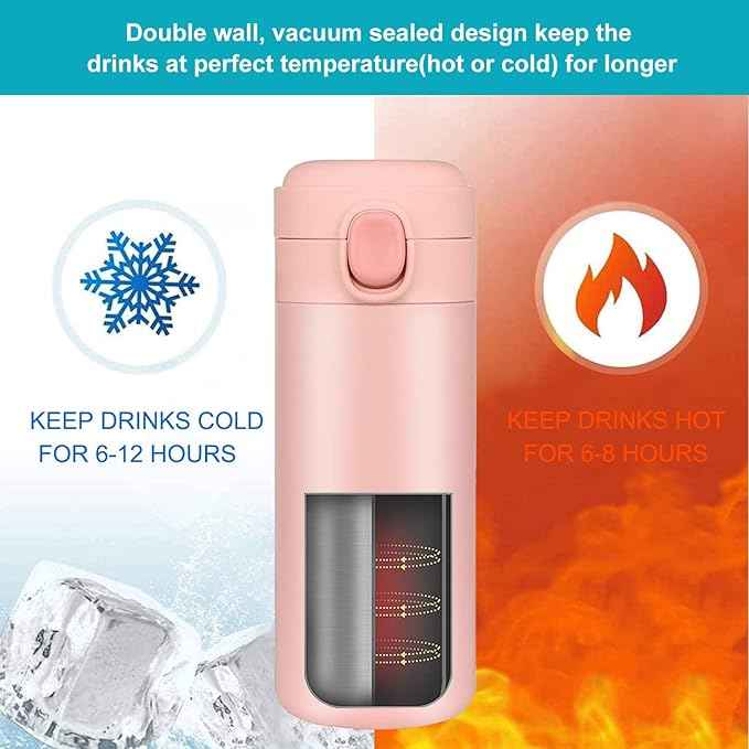 YINJAM Insulated Travel Water Bottle Metal Coffee Cup Mug Stainless Steel Reusable Flask Tumbler for Men Women Gym Hiking Sports (Pink, 15 Oz)
