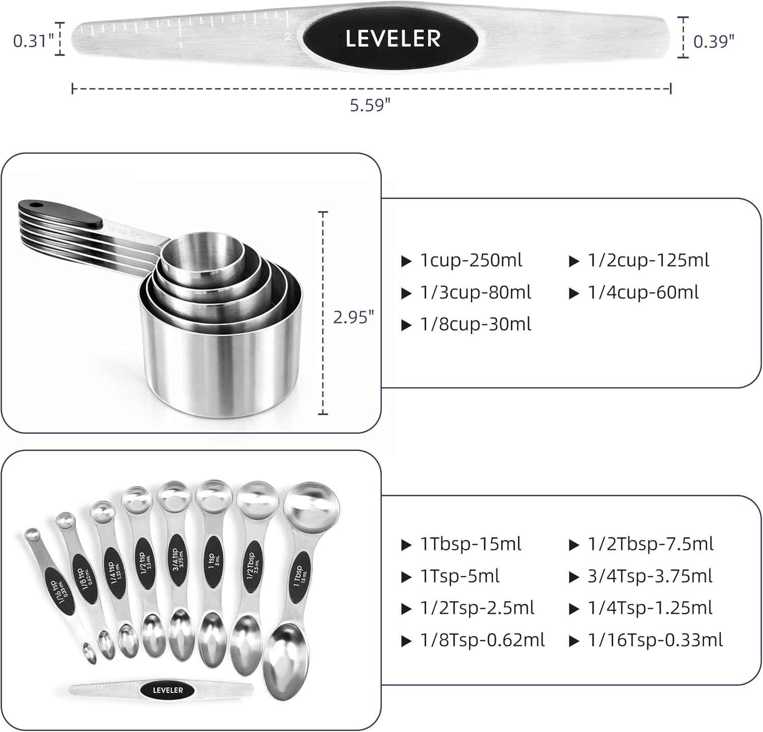Magnetic Measuring Cups and Spoons Set, Strong N45 Magnets, 304 Stainless Steel, Double-Sided Measuring Spoons, 14-Piece Set with Leveler for Baking & Cooking