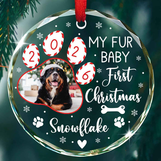2026 My Fur Baby's First Christmas Photo Ornament, Personalized Add Picture Puppy's 1St Xmas Glass Ornament Gifts for Dog Mom Dad Family, Custom Name/Photo Dog Cat Pawprint 1St Christmas Ornaments