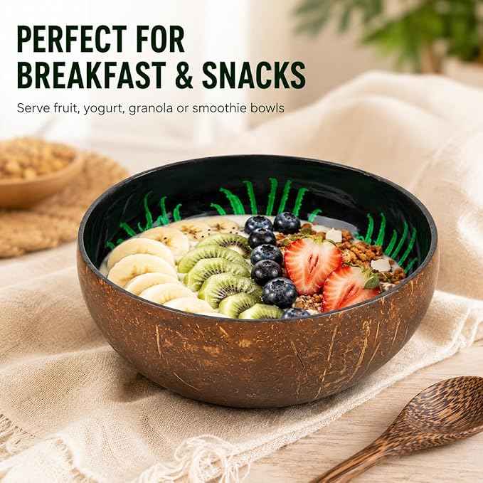 ChezMax Natural Coconut Bowl With Mother of Pearl Inlaid Shell for Entryway Table - Key, Candy, Nuts, Fruits & Dry Snack Storage Container - Round Handcrafted Decoration
