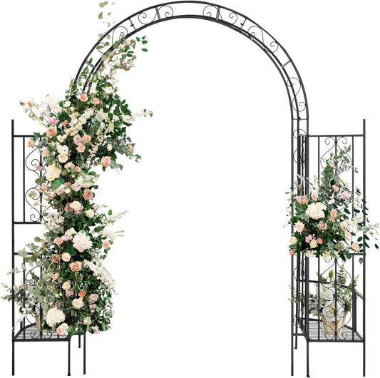 Outvita 7FT Garden Arch Arbor with Plant Stand, Heavy Duty Metal Arbour Archway, Decorative Frame Stand Trellis for Wedding Ceremony Party Plant Climbing Rose Vines Lawn