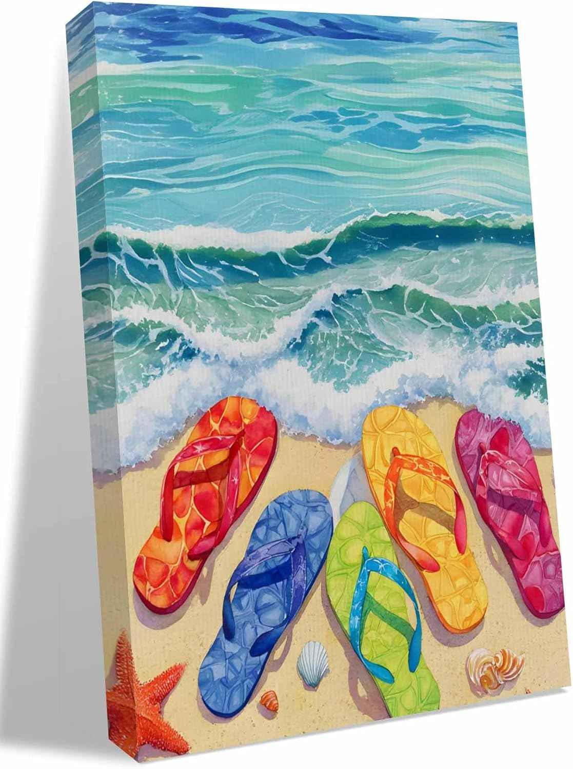 Watercolor Ocean Beach Slippers Canvas Wall Art Prints,Picture Wall Decor Paintings Sailing Boat Summer Vacation Framed Artwork for Living Room Bedroom Bathroom Office 48"x36",Ready to Hang