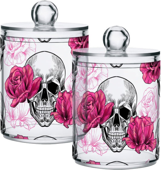 2 Pack Qtip Holder Dispenser Skull Rose Flower Bathroom Storage Canister Lid Acrylic Plastic Apothecary Jar Set Vanity Makeup Organizer for Cotton Swab/Ball/Round Pads, Floss