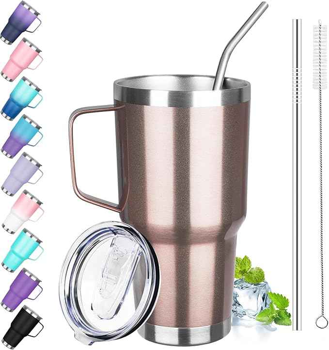 30 oz Stainless Steel Tumbler with Handle, Double Wall Vacuum Insulated Coffee Mug Tumbler with Lid and Straw, Thermal Cup for Cold and Hot (Rose Gold)
