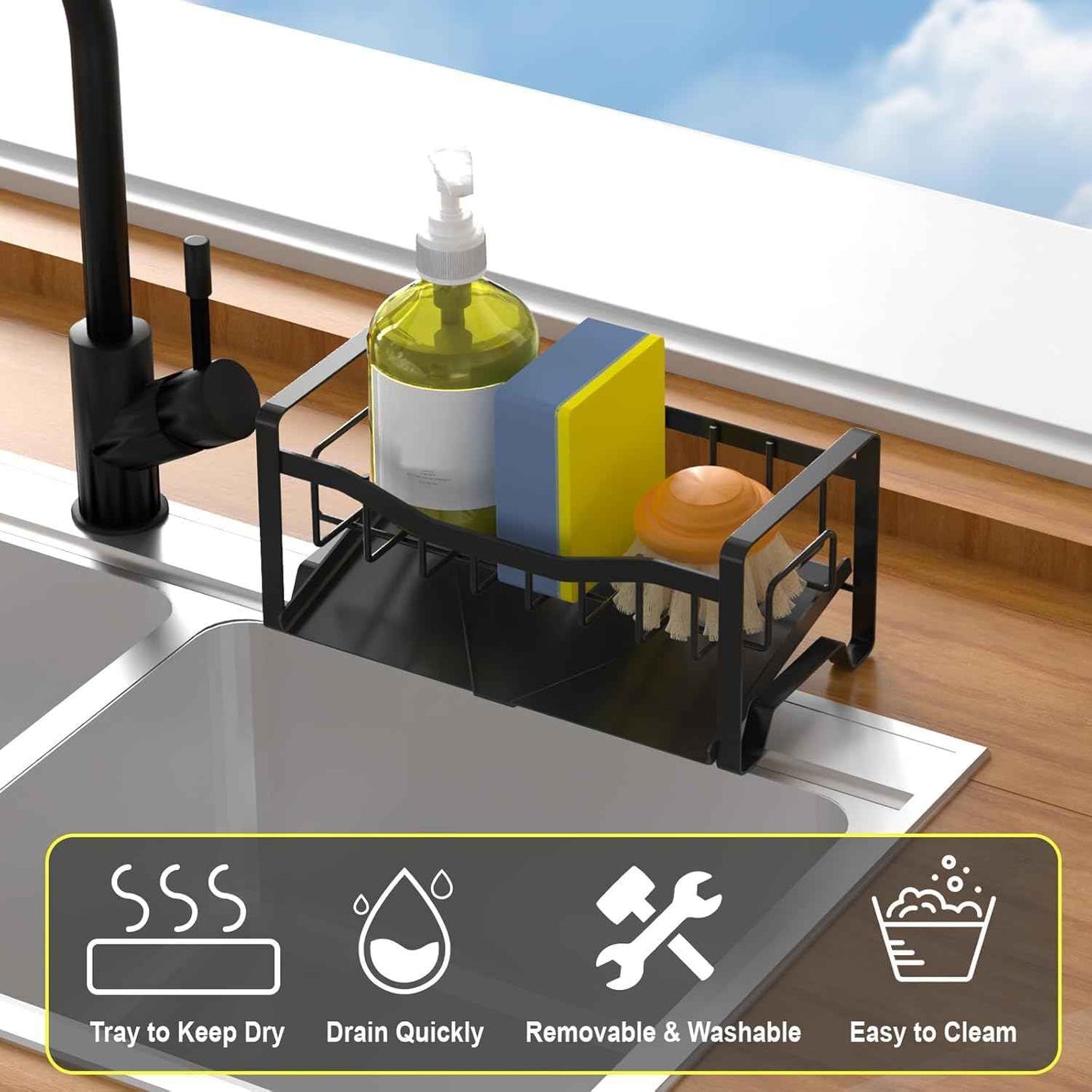Maifan Stainless Steel Kitchen Sink Caddy Organizer with Auto Drain Tray, Sponge Holder for Countertop Storage