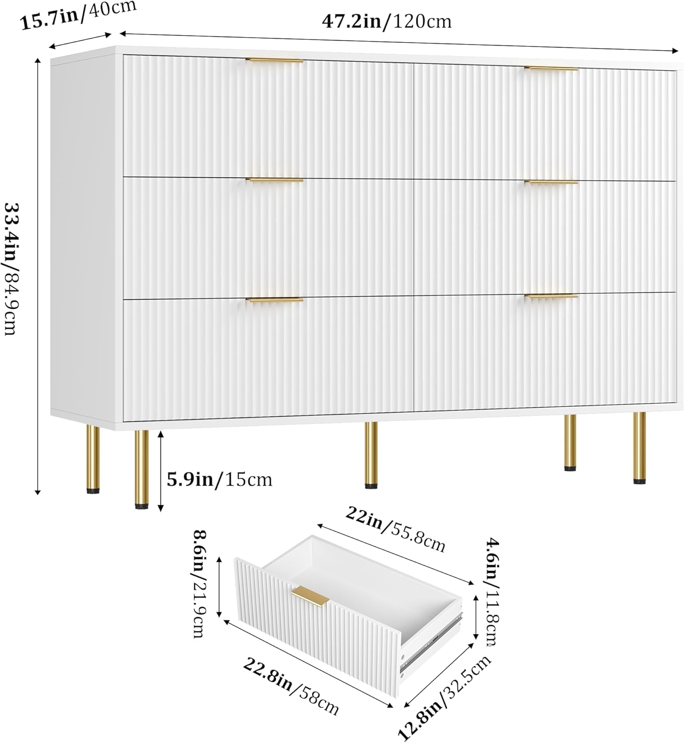 GarveeHome Fluted Wood 6 Drawers Dresser for Bedroom, Large Modern Chest of Drawers, White Dresser with Gold Handle, Wood Drawer Organizer for Bedroom, Living Room, Hallway, Entryway