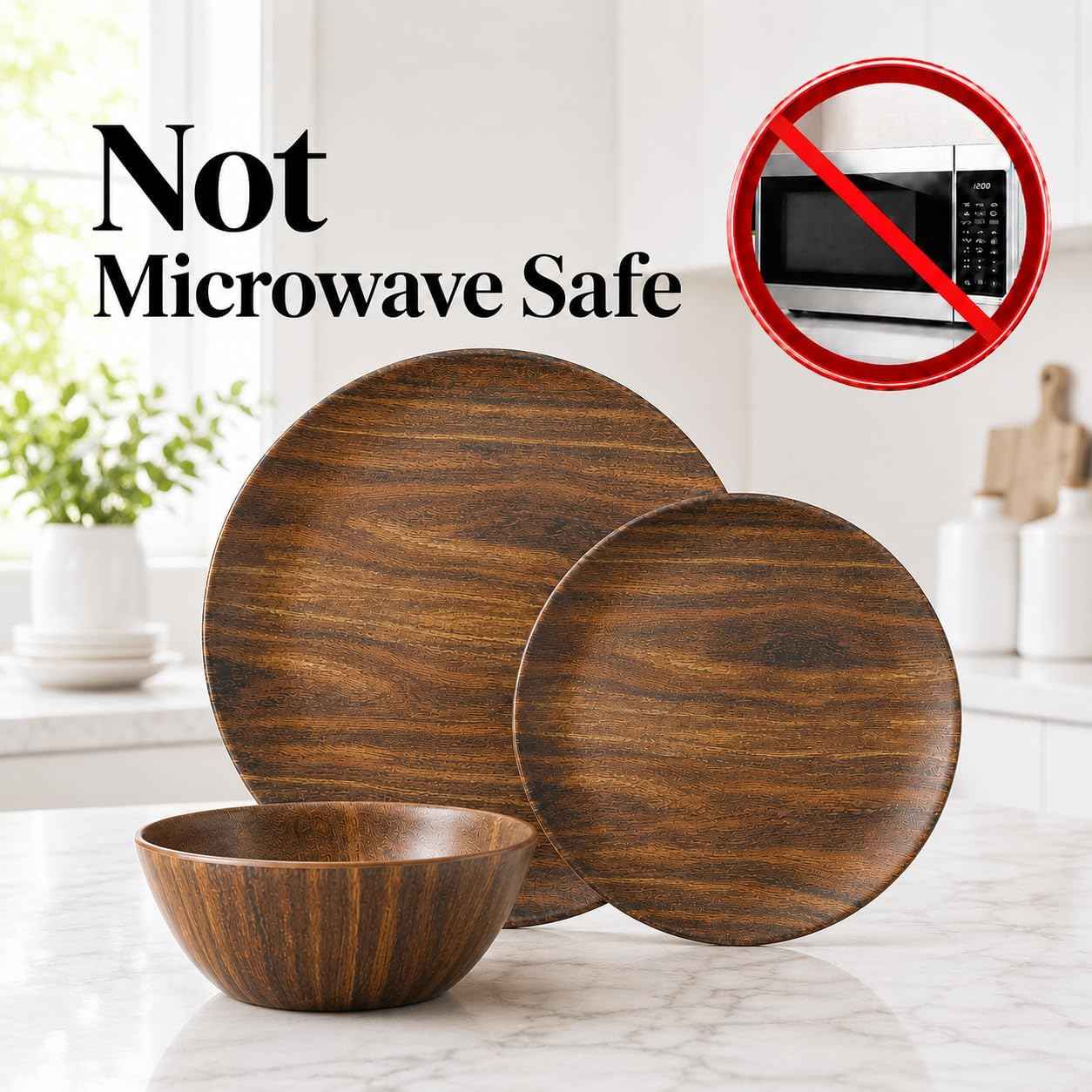 TP 12-Piece Melamine Dinnerware Sets, Plates and Bowls Dishes Set for 4, Break-Resistant & Non-Microwavable, Lightweight Dinner Plates, Wood Grain