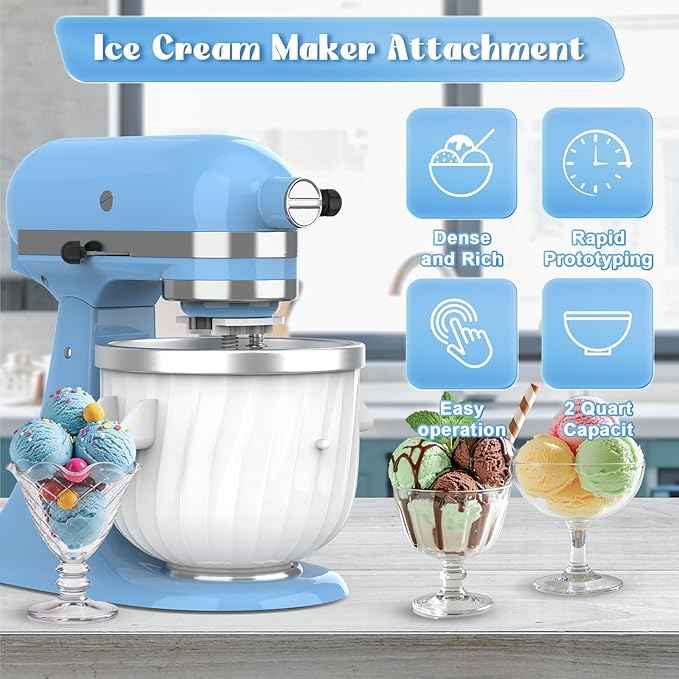 Jooke Latest Ice Cream Maker Attachment for KitchenAid Stand Mixer,Ice Cream Bowl Fit for 4.5QT/5QT/6QT Kitchen Aid Accessories and Attachments,Sorbet Gelato Maker,2QT for Kitchenaid Mixer Attachments