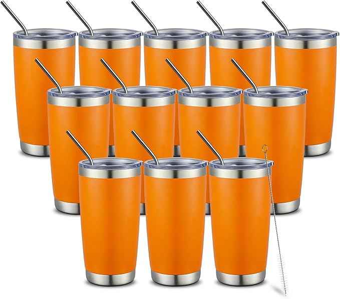 COMOOO 20oz Double Wall Vacuum Insulated Travel Mug Bulk Stainless Steel Tumbler with Lid and Straw Durable Powder Coated Insulated Coffee Cup for Cold & Hot Drinks (Orange, 12 pack