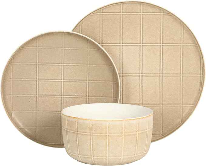 Gisbon Elite Butterwick 12 Piece Plates and Bowls Stoneware Dinnerware Set - Brown Blush Pink Reactive Glaze Patterned Dishes - Microwave and Dishwasher Safe