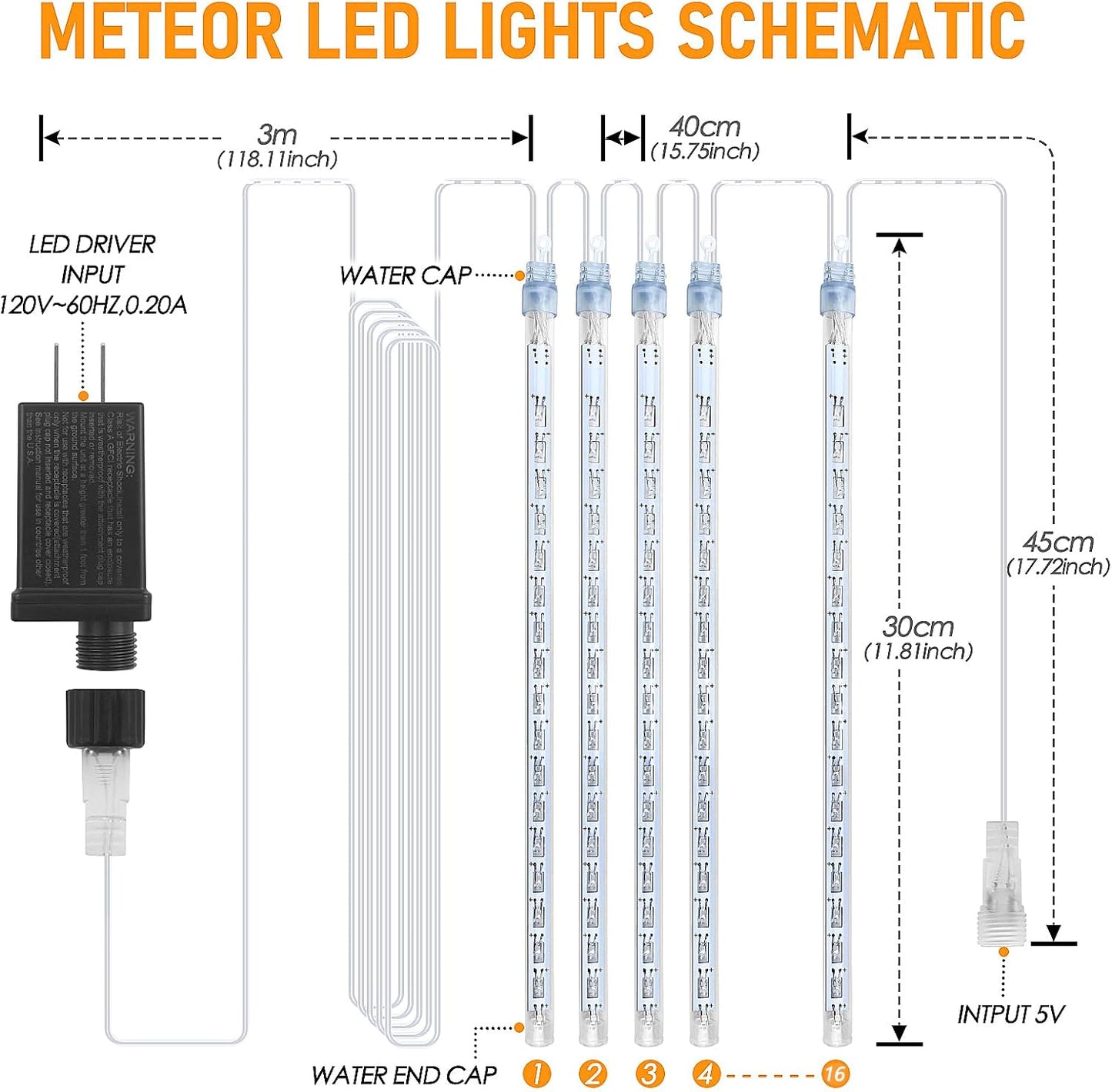 Meteor Shower Rain Lights with 16 Tubes 384 LEDs Waterproof Icicle Snow Fall String Lights for Party Tree Home Patio Outdoor Decoration (16 Tubes, White)