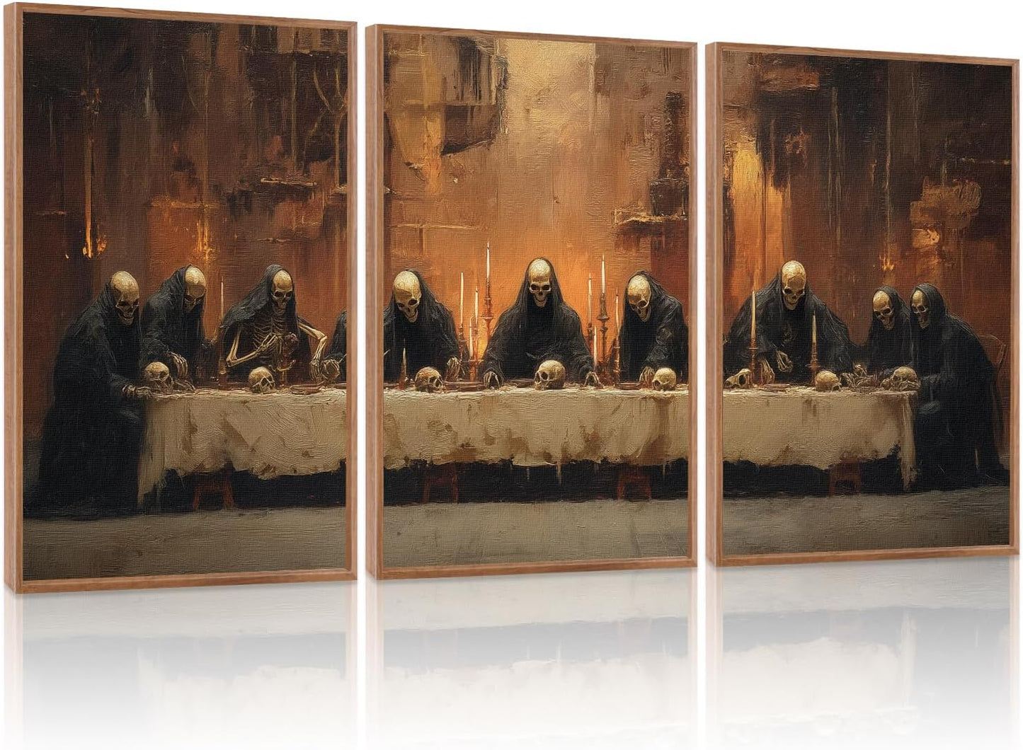 KAIRNE Framed Skeleton Canvas Wall Art,Abstract Retro Skull Pictures Set of 3(16”X24”),Scary Halloween Prints,Horror Wall Art,Skeleton Last Supper Posters for Living Room Bedroom Ding Room Decoration