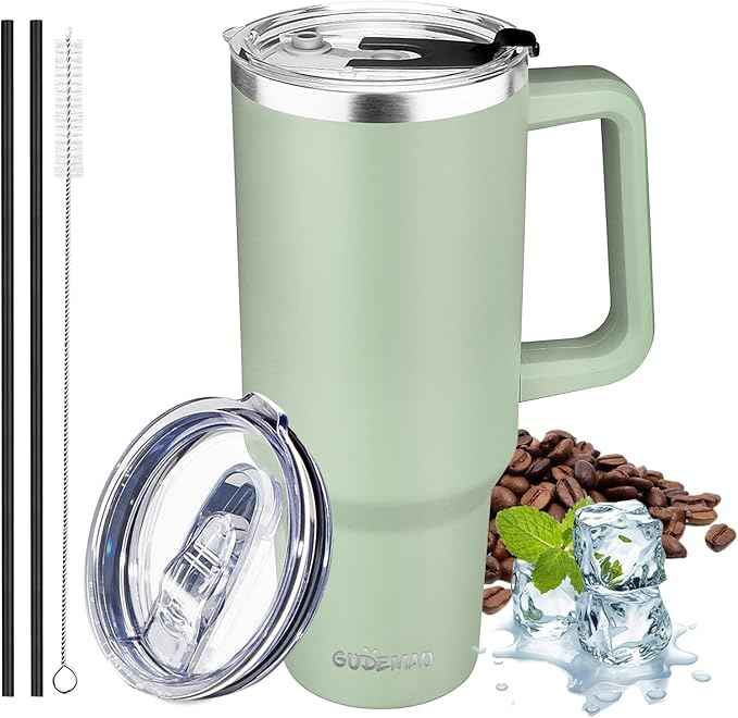 40 oz Tumbler with Handle, Insulated Tumbler with Lid and Straw, Reusable Stainless Steel Vacuum Insulated Cup, 100% Leak Proof Thermal Travel Coffee Mug Cup for Cold and Hot (Green Tea)