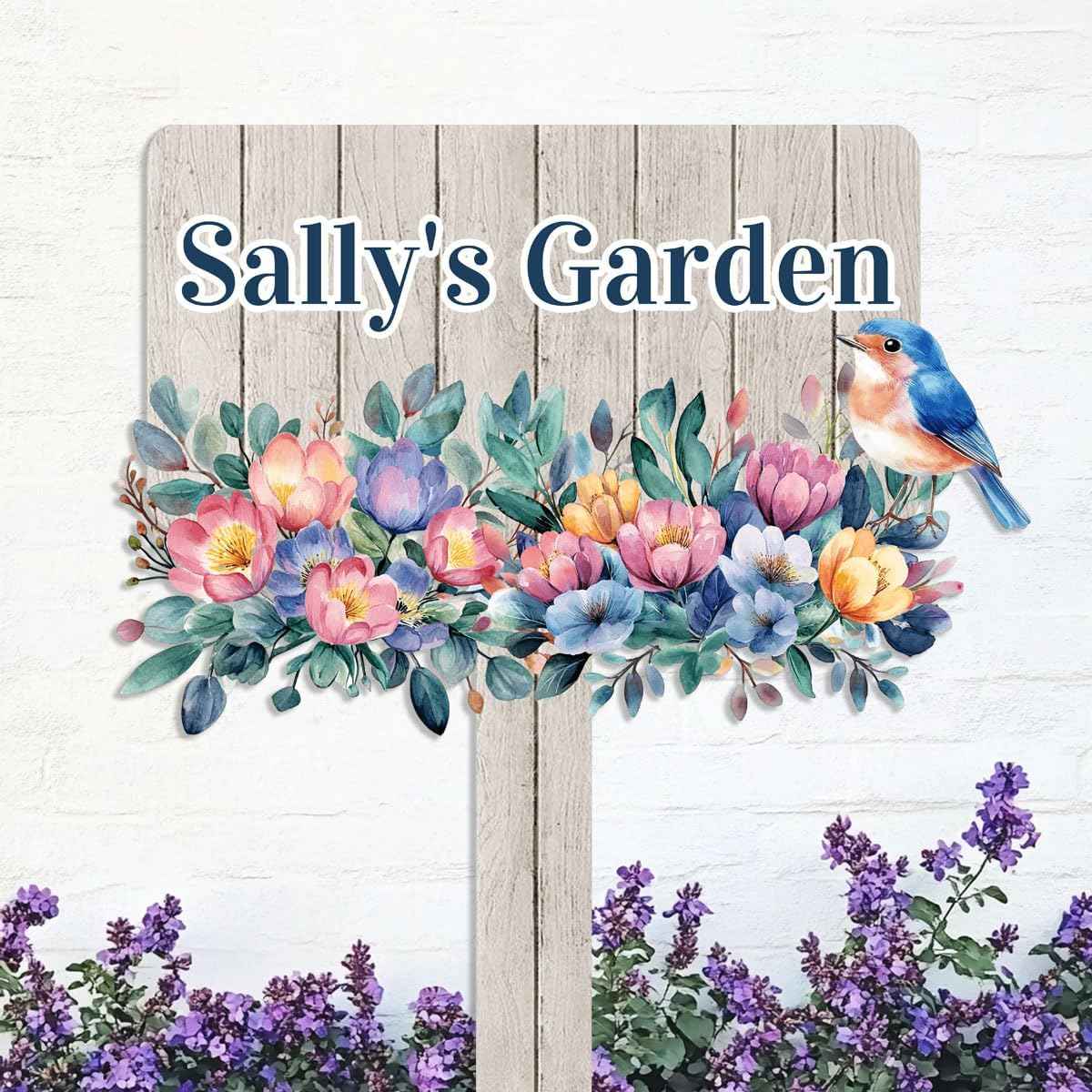 Custom Colorful Flowers Bird Garden Name Sign with Stake, Personalized Bird Flowers Garden Stake Metal Garden Sign, Customized Patio Lawn Garden Outdoor Décor Yard Sign Bird Garden Stake