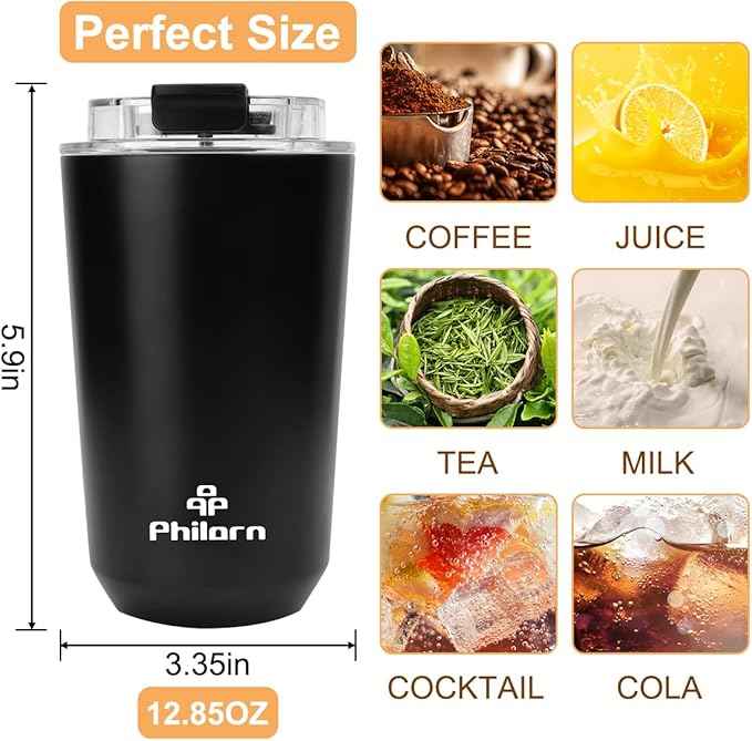 PHILORN Travel Mug Spill Proof - 12 OZ Insulated Coffee Cup With Lid, Black Stainless Steel Coffee Mug with Double Wall, For Hot and Cold Drinks