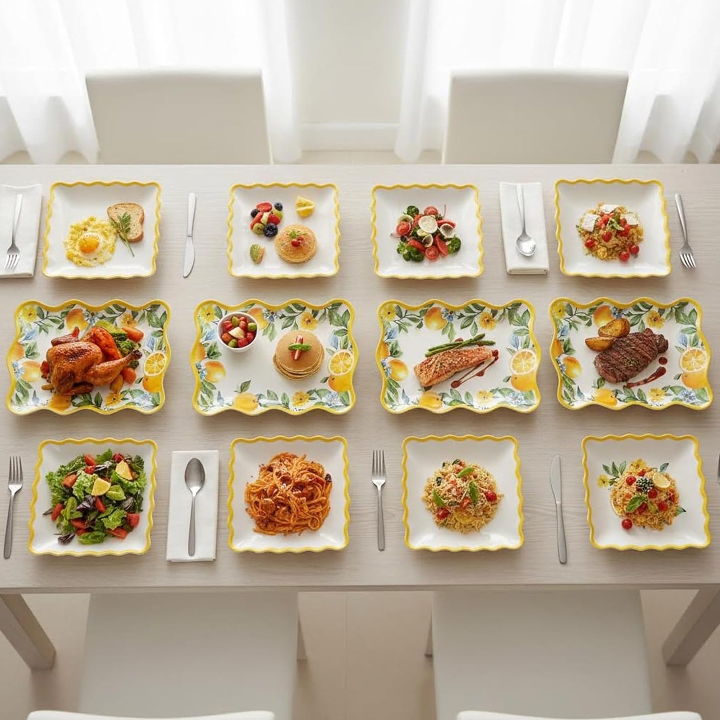 6.6 Inch Square Plates & 8.8 Inch Rectangle Plates, Melamine Dinnerware Set for RV, Camping, Outdoor, Lemon Design, 12 Pcs, Lightweight & Durable