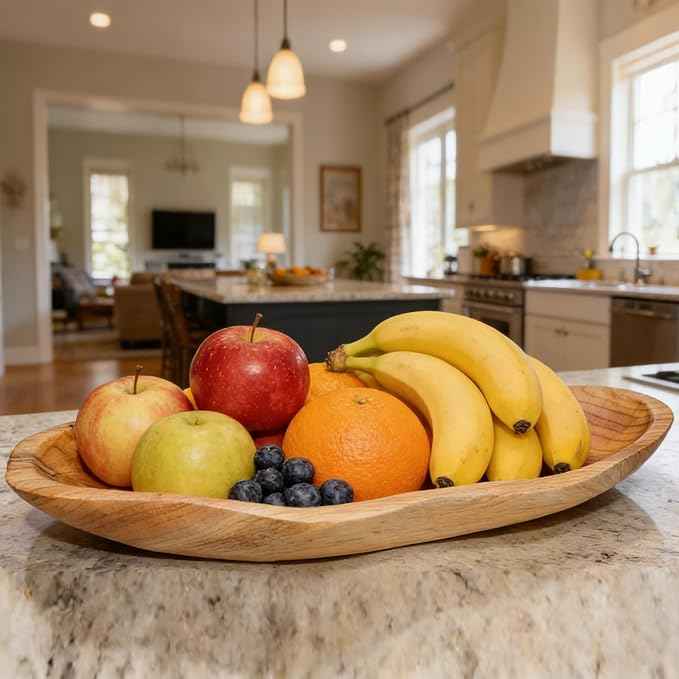 BTEOBFY 15-Inch Wavy Wooden Fruit Bowl - Handcrafted Solid Wood Decorative Basket for Kitchen Countertop - Large Rustic Dough Bowl Centerpiece, Natural Driftwood Decor for Bread & Snacks