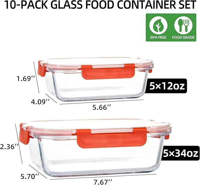UMEIED 10 PACK Glass Food Storage Containers with Leak Proof Lids, Glass Airtight Meal Prep Containers Set for Lunch, On the Go, Leftover, Kitchen Pantry Organizers and Storage (Orange)