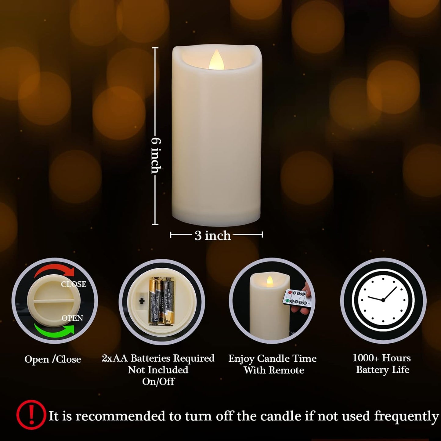 Flickering Flameless Candles with Remote and Timers, Waterproof Outdoor Indoor Battery Operated LED Pillar Candles for Home Wedding Decor, Ivory Plastic, D3 X H6, 1 Pack