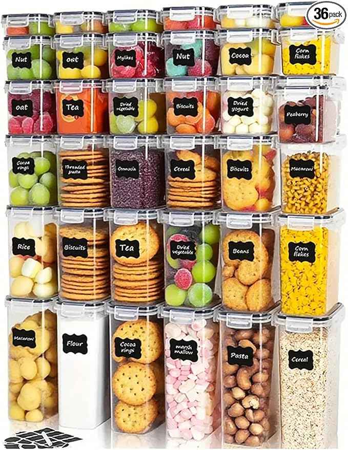 36 PCS Airtight Food Storage Containers with Lids, BPA Free Clear Plastic Kitchen and Pantry Organization and Storage Set for Flour, Sugar, Cereal, Pasta, Includes 36 Labels and Marker