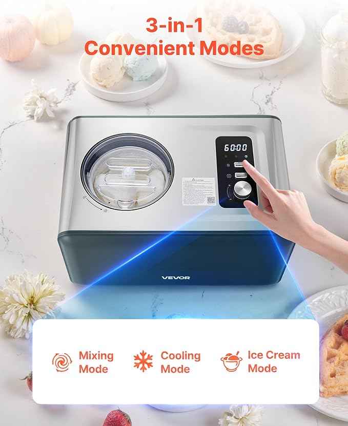 VEVOR Automatic Ice Cream Maker with Built-in Compressor, 1.5 Quart No Pre-freezing Gelato Maker, Electric Sorbet-Maker, 3 Modes Compressor Ice Cream Machine for Home Kitchen