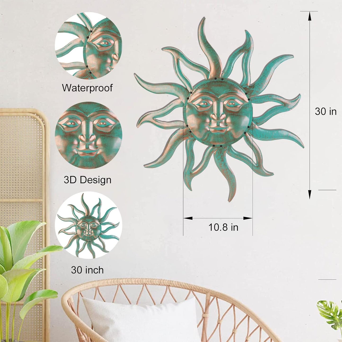 Sun Metal Wall Art Outdoor Decor - 30 Inches Rust Proof Retro Metal Wall Sculpture Statues Wall Art Hanging Decoration for Indoor Outdoor,Garden, Home, Farmhouse, Fence Balcony Patio and Bedroom